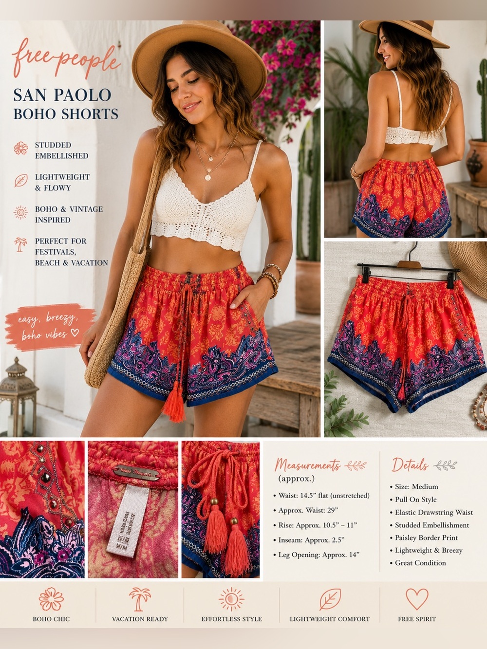 Free People San Paolo Boho Studded Embellished Drawstring Shorts Medium Festival